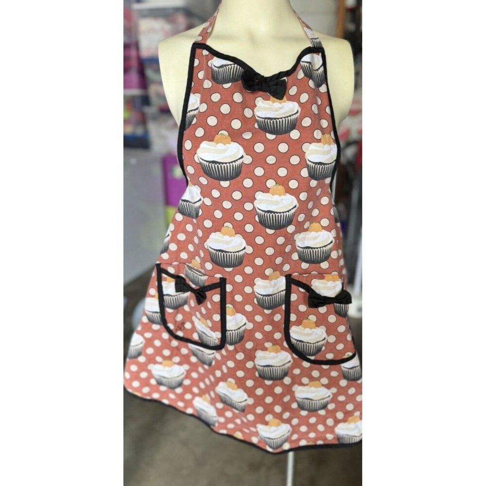 Jessie Steele Apron Cupcakes and Pok a Dots 100% Cotton O/S Pockets Pumpkin Bow